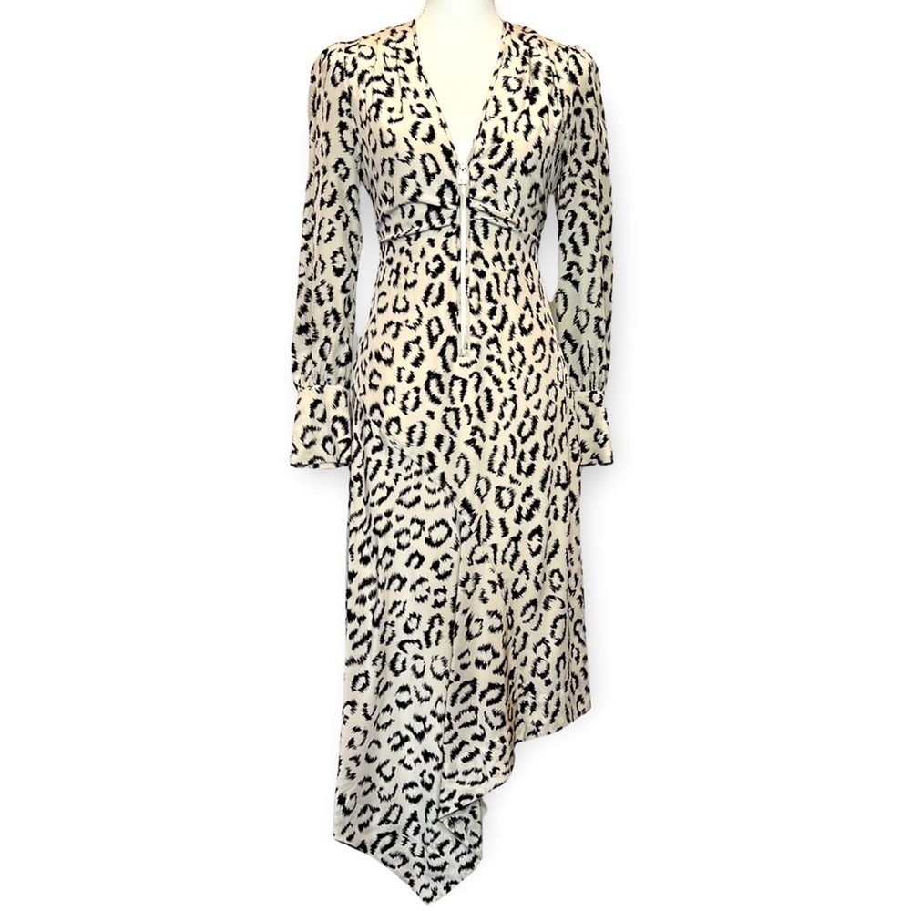 A.L.C. Cream and Black Leopard-Print Asymmetrical Midi Dress